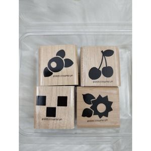 Rubber Stamps Wood Mounted Lot Cherries, Checks, & Posies Stampin' Up Set of 4